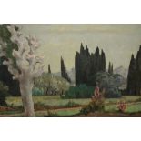 R. Windham, oil on canvas, a garden scene with cypress trees and distant mountains, 16ins x 24ins in