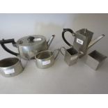 Small hand beaten pewter square form coffee set and a three piece pewter teaset