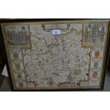 John Speed, antique hand coloured map of ' Surrey, Described and Divided into Hundreds ', 15ins x