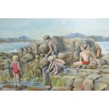 Brian Wilson, oil on board, children on rocks with fishing nets, 12ins x 18ins, framed
