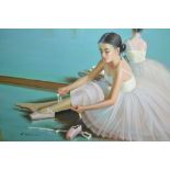 R. McCann, oil on canvas, a girl ballet dancer putting on her shoes, 20ins x 24ins, gilt framed