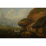 19th Century oil on canvas, drover with cattle by cottages, and dog by a stream to foreground