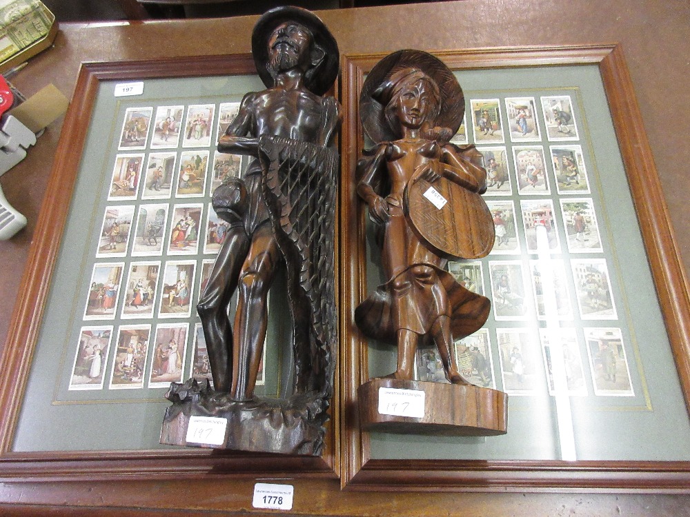 Two framed sets of cigarette cards, ' Cries of London ' together with two oriental carved hardwood