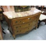 Early 20th Century French Kingwood floral marquetry inlaid commode with a rouge marble top above