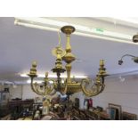 Gilt metal six branch chandelier with ceiling rose
