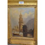 19th Century oil on millboard, boatmen by a Continental port, ornate gilt framed, 11.5ins x 8ins