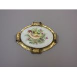 19th Century Royal Worcester oval porcelain plaque painted with a bird in a thistle bush, gilt metal
