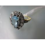 18ct Yellow gold tear drop aquamarine and diamond cluster ring