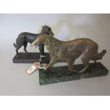 Russian black patinated iron figure of a borzoi dog together with a patinated brass figure of a