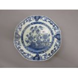 18th Century Chinese octagonal porcelain plate with a blue and white floral decoration