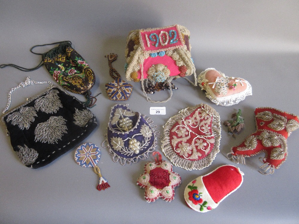 Edwardian bead work sewing box, dated 1902, various bead work evening bags, small pincushions and