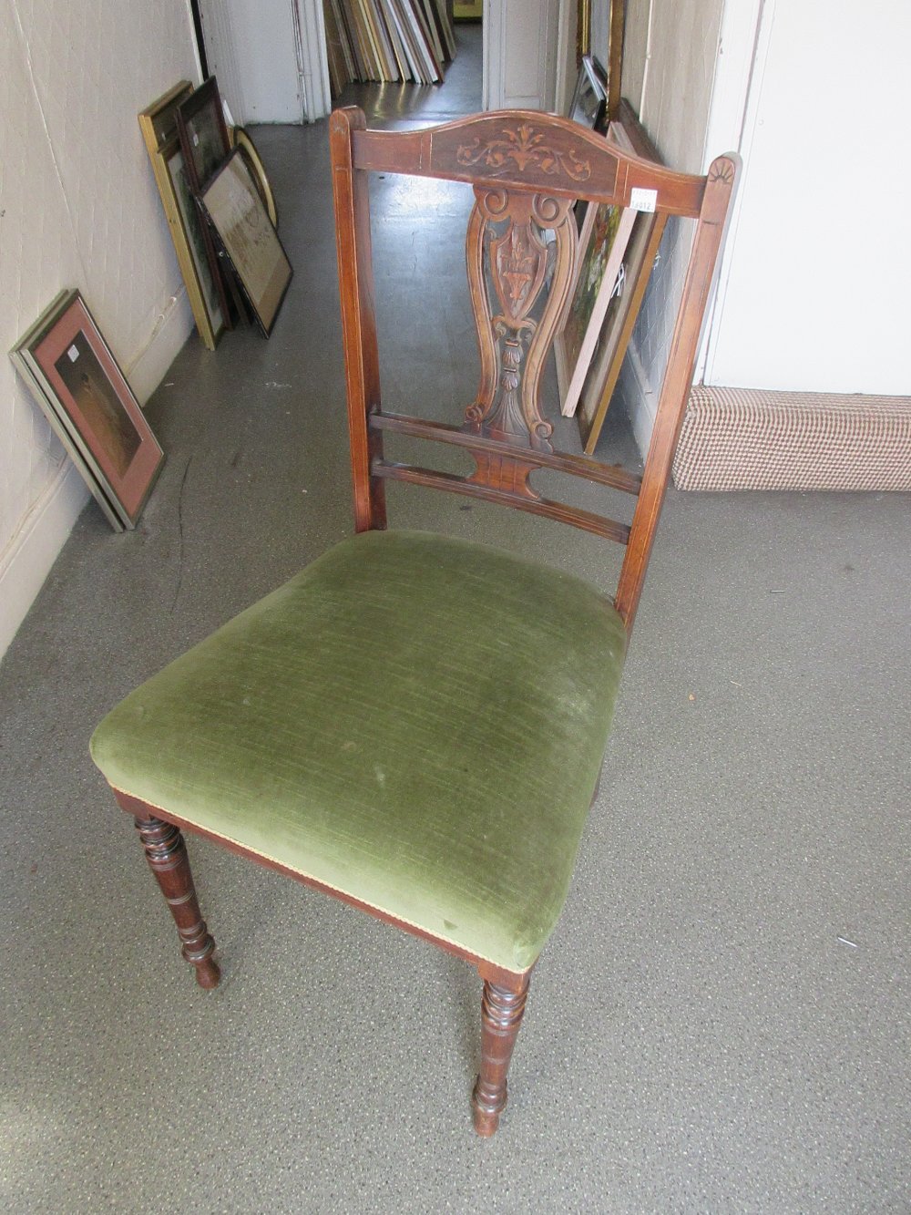 Set of four Edwardian mahogany marquetry inlaid side chairs