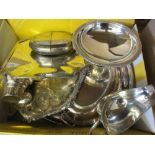 Silver plated hip flask, two entree dishes and other miscellaneous items of silver plate