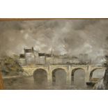 20th Century oil on canvas, stone bridge across a river with distant town, signed Walles, 28ins x