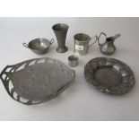 Kayserzinn, Art Nouveau mug, napkin ring and five other pieces of Art Nouveau pewter including an