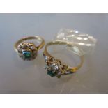 18ct Gold emerald and seed pearl cluster ring (at fault) together with a 9ct gold dress ring (at
