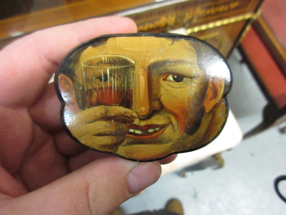19th Century papier mache snuff box, the cover painted with a mans face - Image 2 of 11