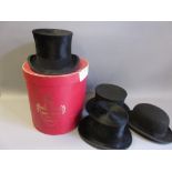 Gentleman's top hat by Scott and Co., Piccadilly, another by N. Davies Ltd, London, a folding