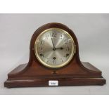 Mahogany barber's pole and line inlaid mantel clock having circular silvered dial with Arabic