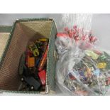 Small trunk containing a quantity of various injection moulded toy soldiers, die-cast model vehicles
