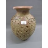 Large modern pottery vase with pierced and scroll work decoration