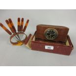 Art Deco simulated crocodile leather bedside clock by S.M.R. France, together with a set of six