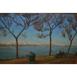Two American School oils, ' Chicago Harbour ' ( label verso ), 19ins x 29.5ins, and ' Ambassador