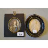 19th Century watercolour portrait miniature of Charles II together with a small antique oval