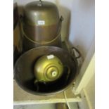 Copper swing handled brass lidded vessel, two handled copper pan and a brass kettle