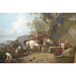 After William Shayer, 19th Century oil on panel, coastal scene with figures and horses on a