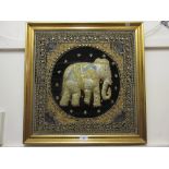 Pair of Indian gold and silver coloured needlework pictures in high relief of an elephant and a