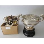 Sheffield silver two handled pedestal trophy cup and various other small silver trophy cups and