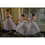 Modern oil on canvas, three ballet dancers in a rehearsal room, 24ins x 36ins, gilt framed, together