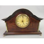 Edwardian mahogany marquetry inlaid dome top mantel clock, the dial with Roman numerals flanked by