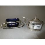 Victorian oval silver mustard with blue glass liner, together with a late George III silver salt