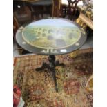 19th Century ebonised and papier mache circular tilt top pedestal table, the painted and abalone
