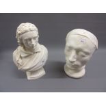 19th Century plaster bust of Keats, together with another similar 12.5 and 11ins high, chips to bust