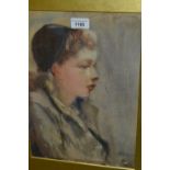 Gilt framed watercolour, head and shoulder portrait of a young lady, indistinctly signed, 14.5ins