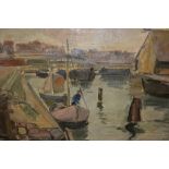 An unframed oil on canvas, harbour scene, indistinctly signed, attributed on label verso to sir