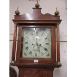 19th Century mahogany longcase clock, the square painted dial with Roman numerals, subsidiary