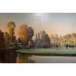 A Wilson Burns oil on canvas golden evening Guildford, a river scene with distant buildings,