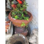 Weathered terracotta pedestal garden urn on plinth base, 36ins high