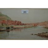 M. Speed, watercolour, river landscape with moored boats and distant town, signed and dated 1920,