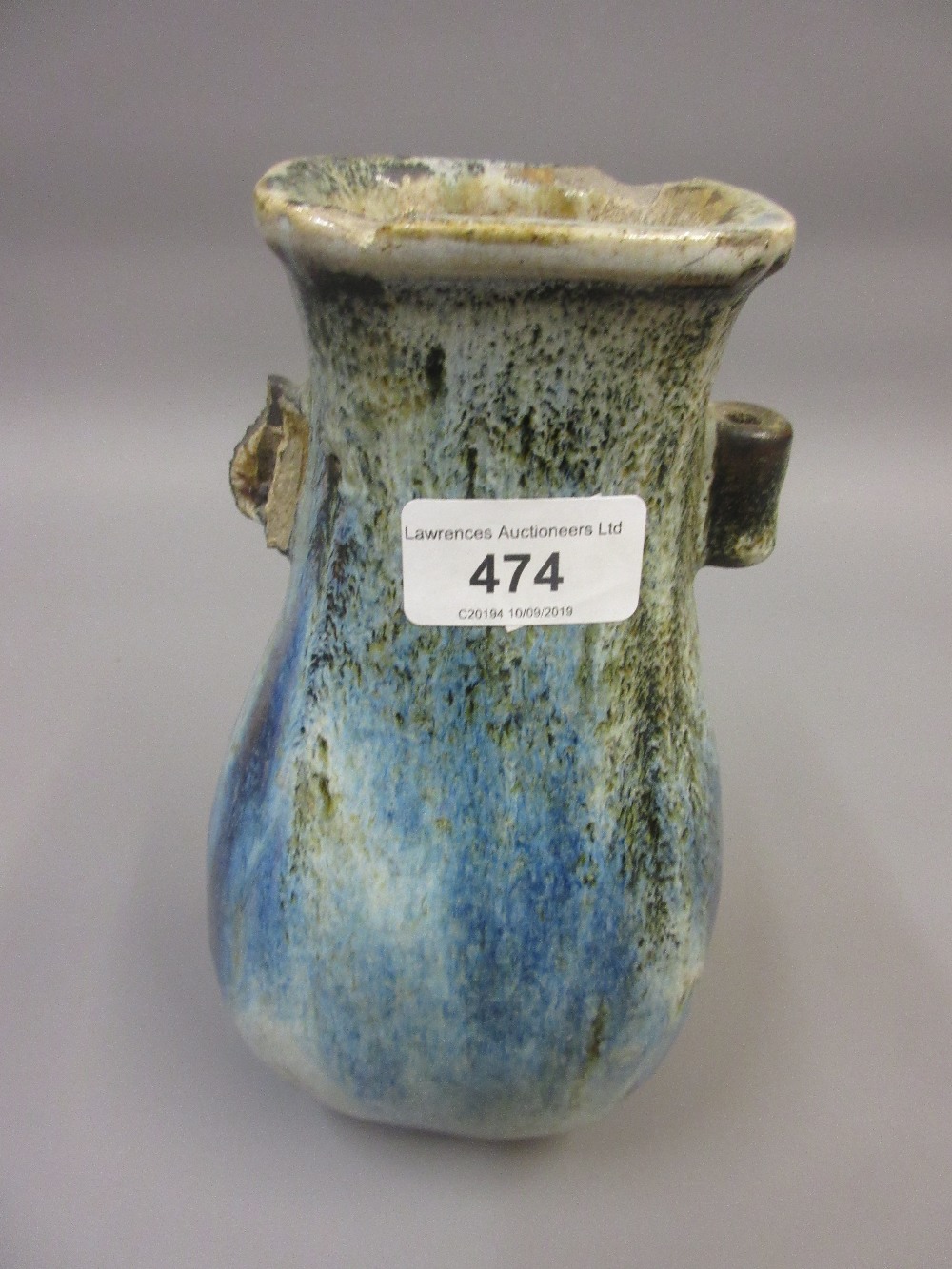 Antique Chinese stoneware rectangular baluster form vase decorated with a mottled blue glaze (with