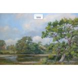 Oil on card, river landscape with distant cottage, unsigned, 11.5ins x 17ins, gilt framed