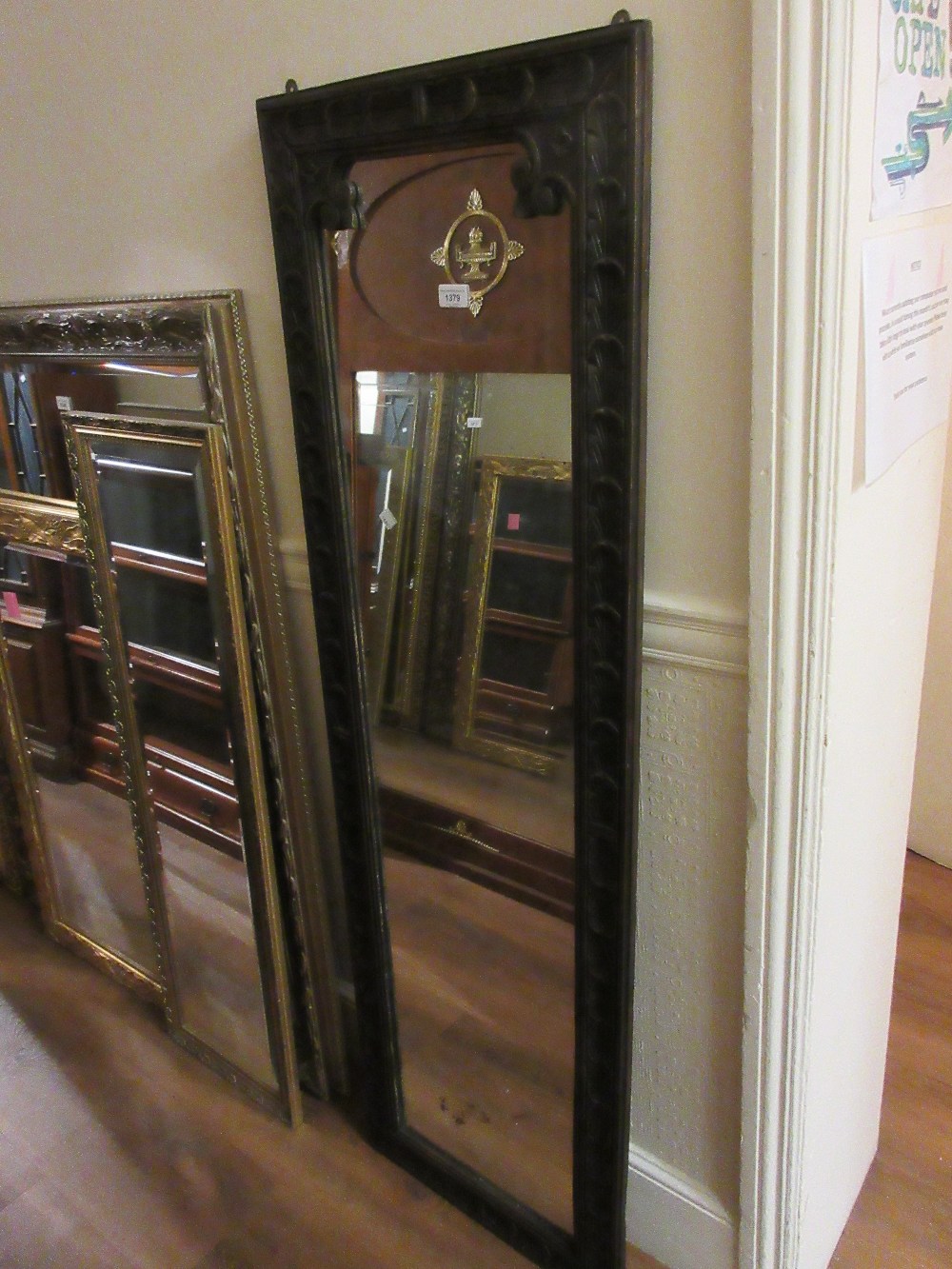 Full length carved oak framed wall mirror, 63ins x 20ins