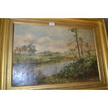 19th Century oil on canvas, extensive river landscape, monogrammed, 16ins x 24ins