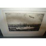 Attributed to C.R.W. Nevinson, an unframed etching, study of the airship R101, above London (