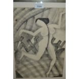 20th Century black and white print of a nude figure dancing, in a silver frame