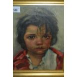 Mid 20th Century oil on canvas, head and shoulder portrait of a young girl wearing a red jacket,